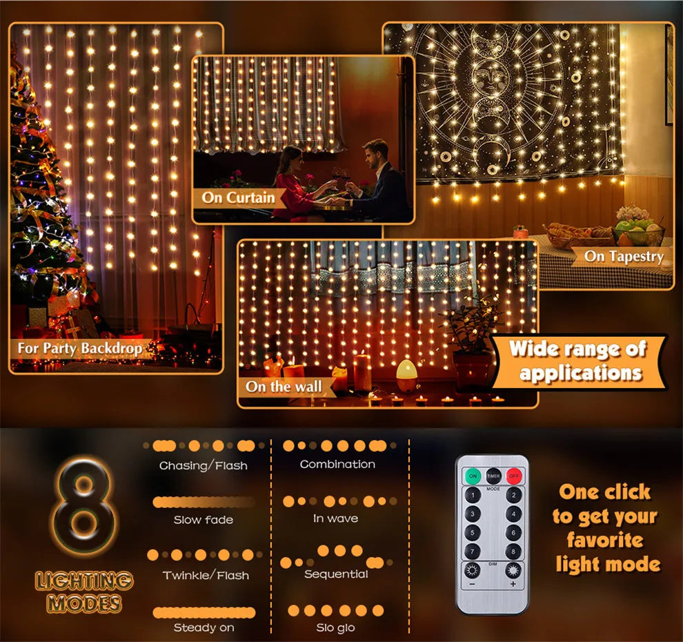 Christmas LED Fairy String Lights – 8-Mode Curtain Lights with Remote Control