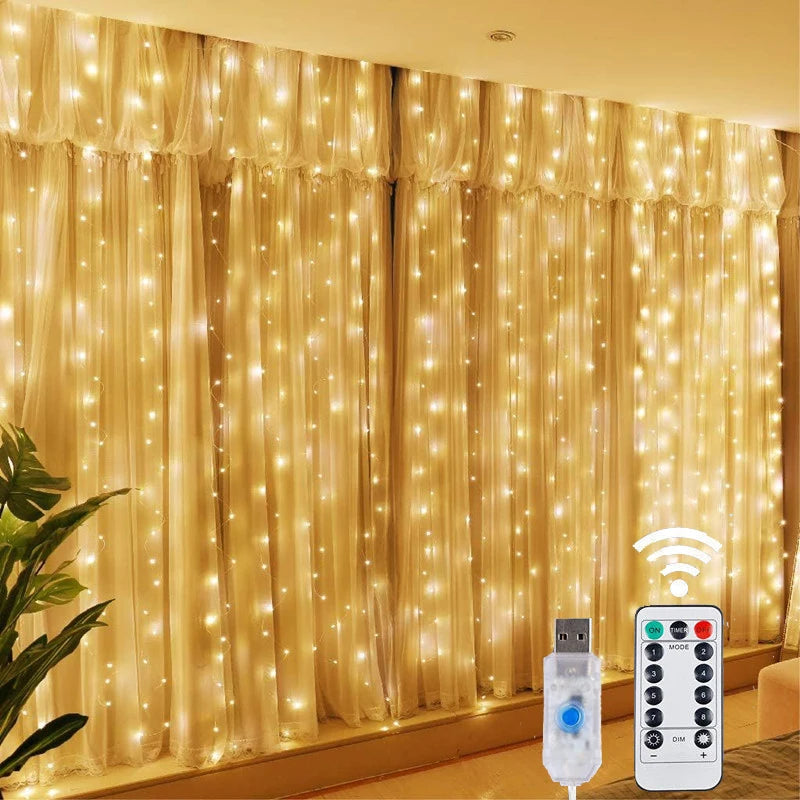 Luces LED de hadas de Navidad – Cortina de luces de 8 modos con control remoto