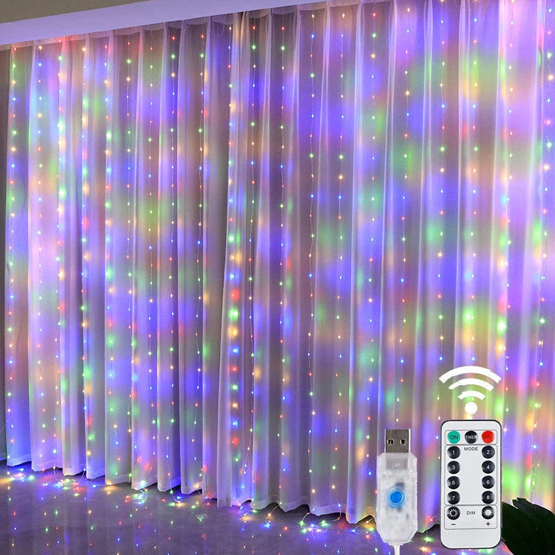 Luces LED de hadas de Navidad – Cortina de luces de 8 modos con control remoto